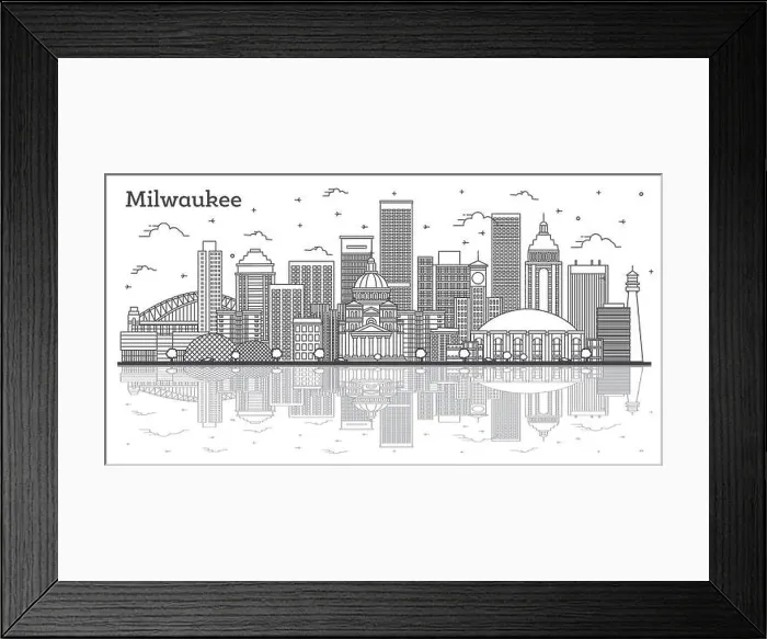 Framed Print : Outline Milwaukee Wisconsin City Skyline with Reflections and Modern Buildings Isolated on White Framed Print : Outline Milwaukee Wisconsin City Skyline with Reflections and Modern Buildings Isolated on White