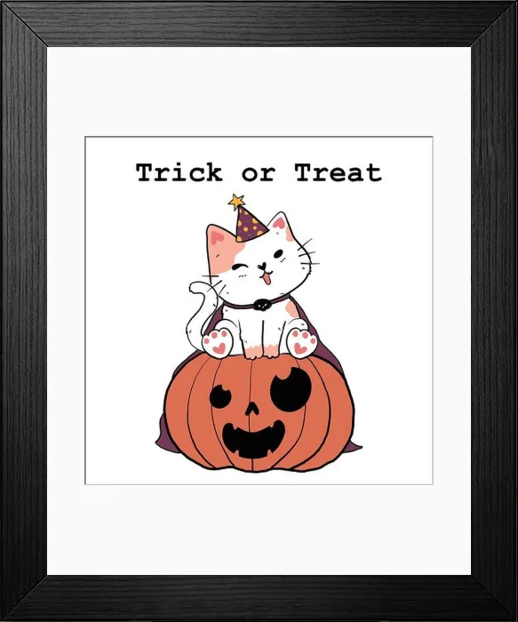 Framed Print : cute doodle white fat cat in purple witch hat and cape sit on an orange Autumn pumpkin leaf fall Framed Print : cute doodle white fat cat in purple witch hat and cape sit on an orange Autumn pumpkin leaf fall