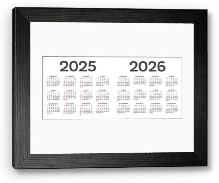 Framed Print : Calendar template 2025 2026 isolated on white background. Week starts from sunday. Vector illustration Framed Print : Calendar template 2025 2026 isolated on white background. Week starts from sunday. Vector illustration