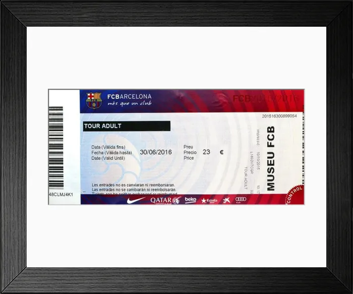 Framed Print : Entrance ticket for the museum and stadium of Barcelona Football Club Catalonia Spain Framed Print : Entrance ticket for the museum and stadium of Barcelona Football Club Catalonia Spain