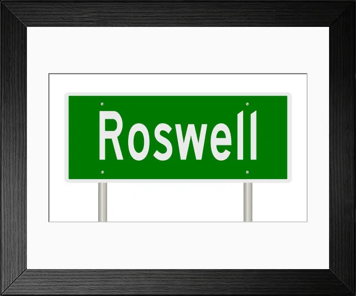 Framed Print : Rendering of a green highway sign for Roswell New Mexico Framed Print : Rendering of a green highway sign for Roswell New Mexico