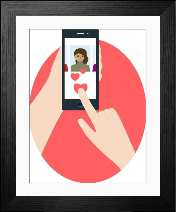 Framed Print : Human hand holding smartphone and click on heart Framed Print : Human hand holding smartphone and click on heart