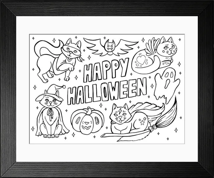 Framed Print : Happy Halloween coloring page with cats in costumes and spooky objects, hand drawn cute Halloween coloring sheet Framed Print : Happy Halloween coloring page with cats in costumes and spooky objects, hand drawn cute Halloween coloring sheet