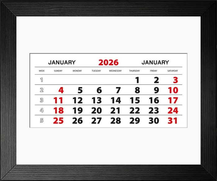 Framed Print : Wall calendar 2026 for january, week start from sunday. Block size 297x140 mm
