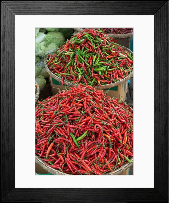 Framed Print : Laos, Southern Laos, Bolaven Plateau, Thateng market, fresh red and green chilli peppers Framed Print : Laos, Southern Laos, Bolaven Plateau, Thateng market, fresh red and green chilli peppers