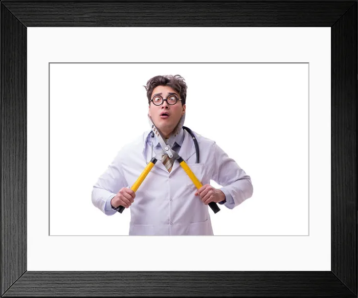Framed Print : Funny doctor with shears isolated on white Framed Print : Funny doctor with shears isolated on white