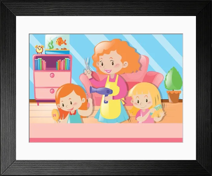 Framed Print : Mother cutting daughters hair at home illustration