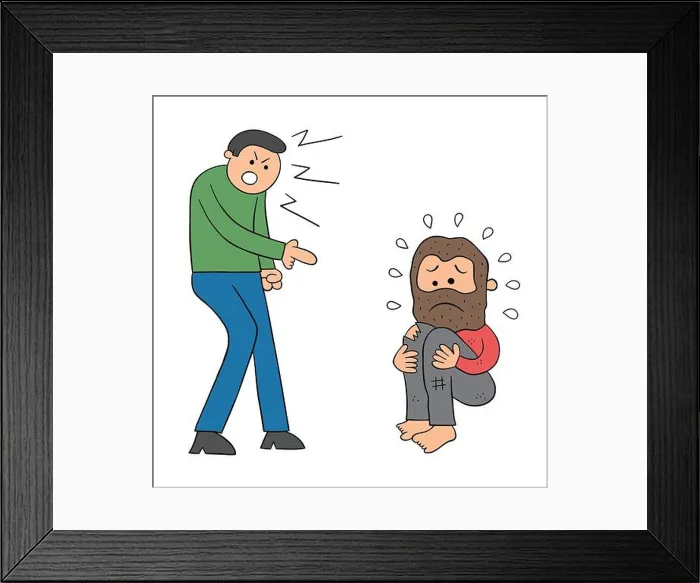 Framed Print : Cartoon bad man insults homeless man vector illustration. Black outlined and colored