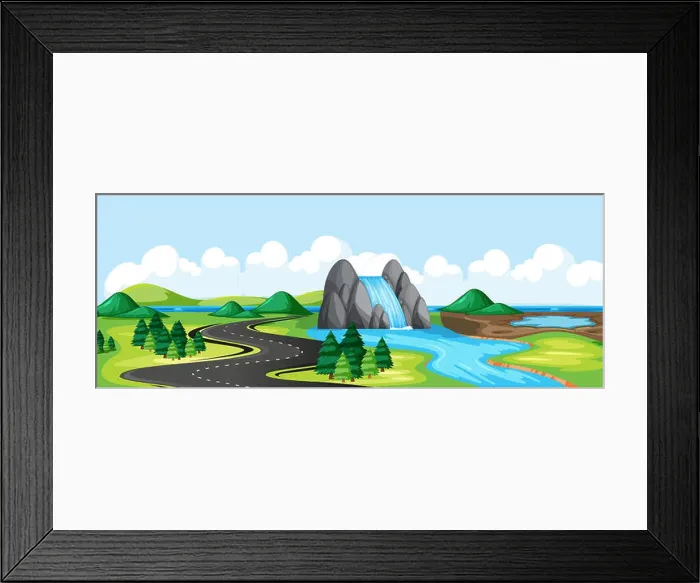 Framed Print : Meadow park and road with water fall river side landscape scene Framed Print : Meadow park and road with water fall river side landscape scene