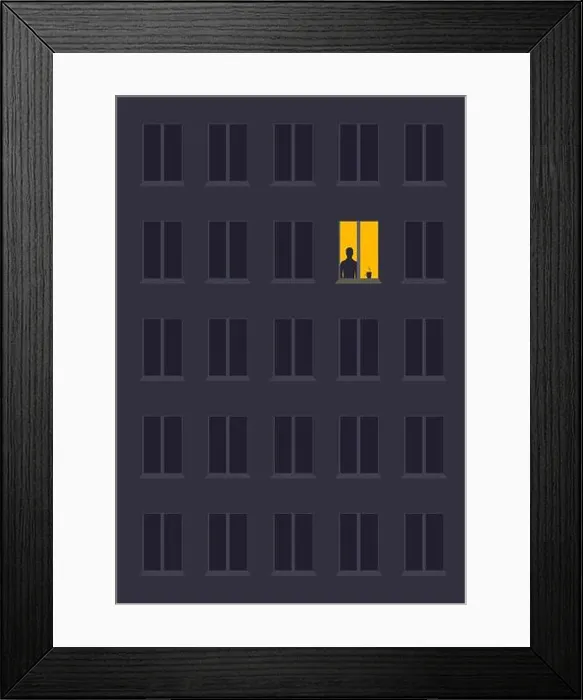 Framed Print : concept of loneliness, in the form of a silhouette of a man in the city night window Framed Print : concept of loneliness, in the form of a silhouette of a man in the city night window