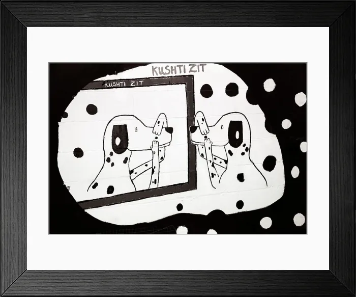 Framed Print : Picture of a dalmatian dog squeezing a spot Framed Print : Picture of a dalmatian dog squeezing a spot
