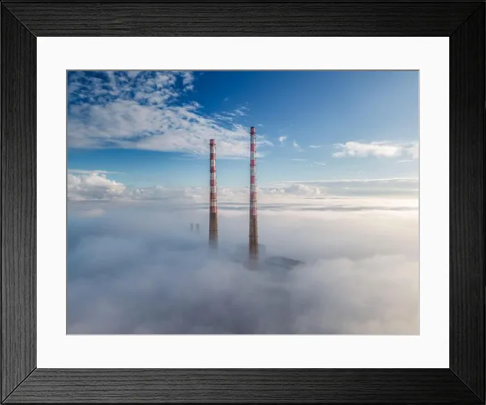 Framed Print : The Poolbeg Chimneys standing out against the 95m low cloud and fog Framed Print : The Poolbeg Chimneys standing out against the 95m low cloud and fog