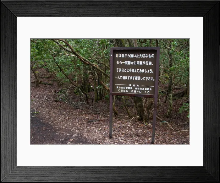 Framed Print : A sign telling potentially suicidal people to 'Think of their families' at the borders of the Aokigahara Forest Framed Print : A sign telling potentially suicidal people to 'Think of their families' at the borders of the Aokigahara Forest