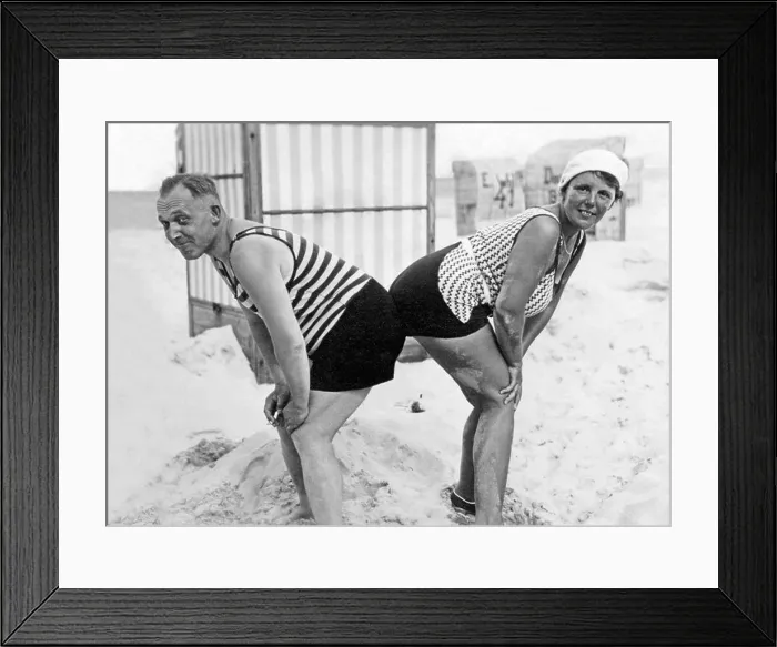 Framed Print : Funny couple at the beach, historic photograph, around 1926 Framed Print : Funny couple at the beach, historic photograph, around 1926