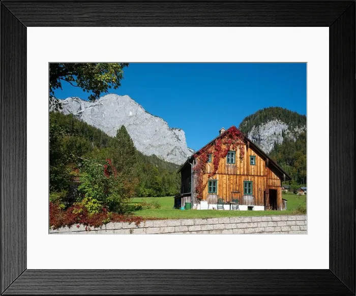 Framed Print : Rural country house with mountains in the background, Grundlsee, Styria, Austria Framed Print : Rural country house with mountains in the background, Grundlsee, Styria, Austria