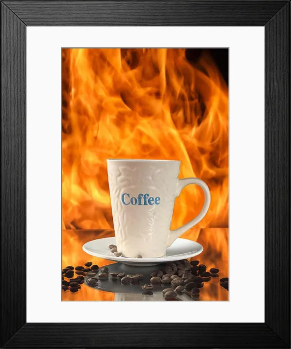 Framed Print : Cup of coffee on a background of fire Framed Print : Cup of coffee on a background of fire