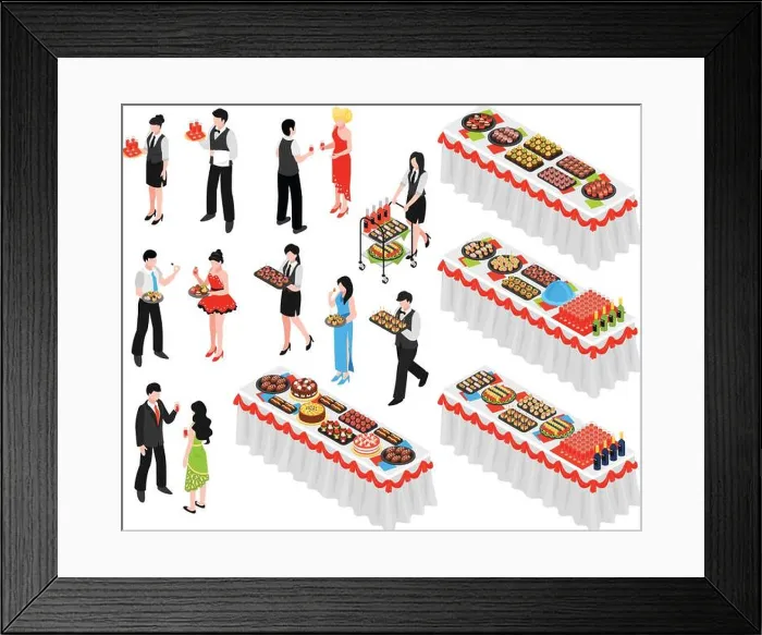 Framed Print : Isometric banquet reception dinner party set of isolated human characters Framed Print : Isometric banquet reception dinner party set of isolated human characters
