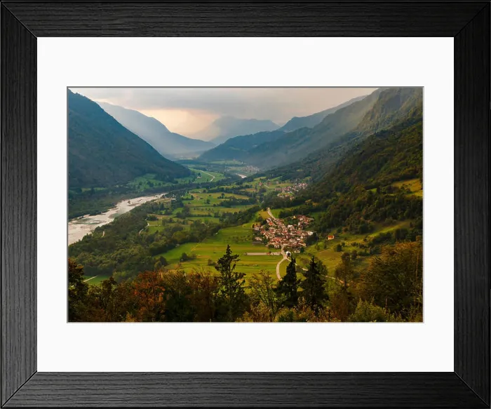 Framed Print : Beautiful evening in alpine valley. Socha valley near Tolmin, Slovenia Framed Print : Beautiful evening in alpine valley. Socha valley near Tolmin, Slovenia