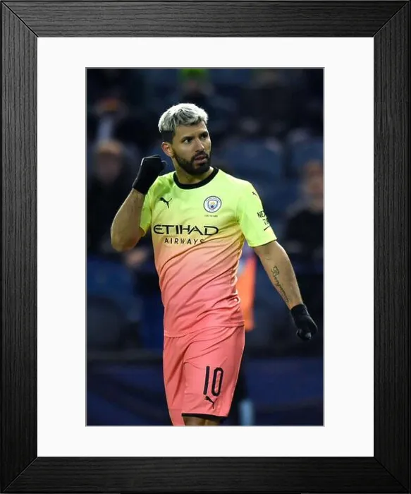 Framed Print : Manchester City's Sergio Aguero celebrates scoring his side's first goal of the game Framed Print : Manchester City's Sergio Aguero celebrates scoring his side's first goal of the game
