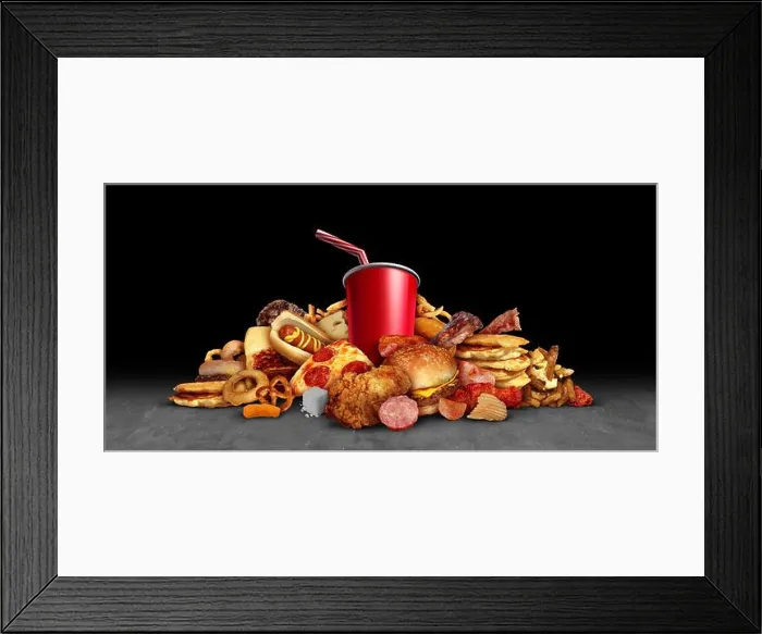 Framed Print : Fattening junk food as fried foods hamburgers soft drinks leading to health risks as obesity Framed Print : Fattening junk food as fried foods hamburgers soft drinks leading to health risks as obesity