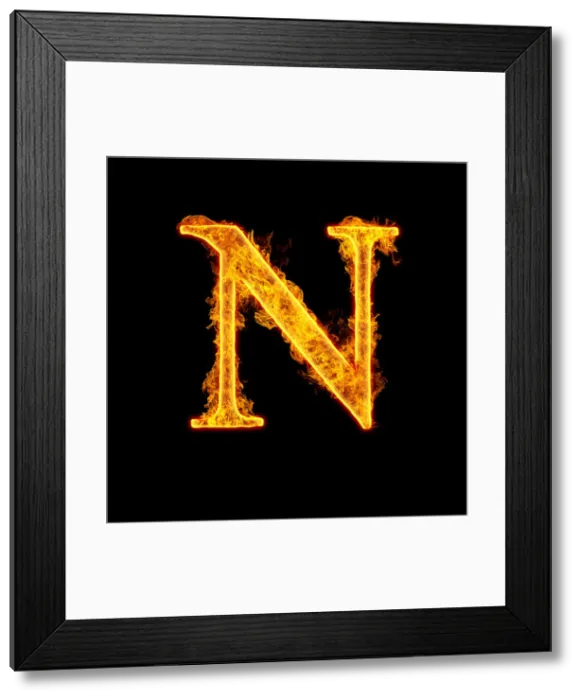 Framed Print : Fire alphabet letter N isolated on black background