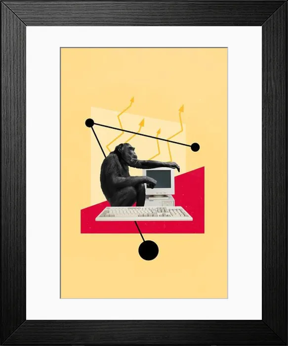 Framed Print : Image poster magazine collage of monkey working using pc computer feel stupid about company growth statistics Framed Print : Image poster magazine collage of monkey working using pc computer feel stupid about company growth statistics