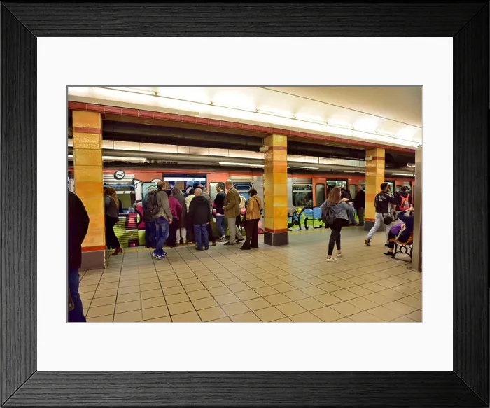 Framed Print : Passengers on platform waiting for and boarding train at Omonia metro station, Athens, Greece Framed Print : Passengers on platform waiting for and boarding train at Omonia metro station, Athens, Greece
