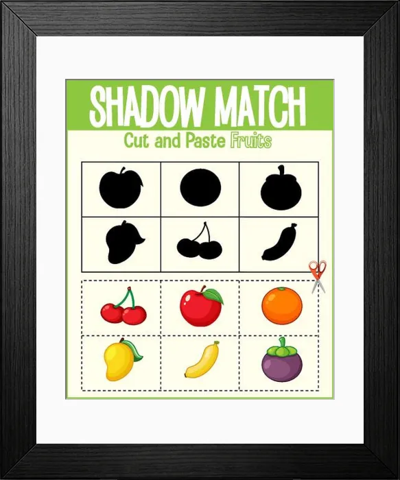 Framed Print : Find the correct shadow, shadow match worksheet for kindergarten student illustration Framed Print : Find the correct shadow, shadow match worksheet for kindergarten student illustration