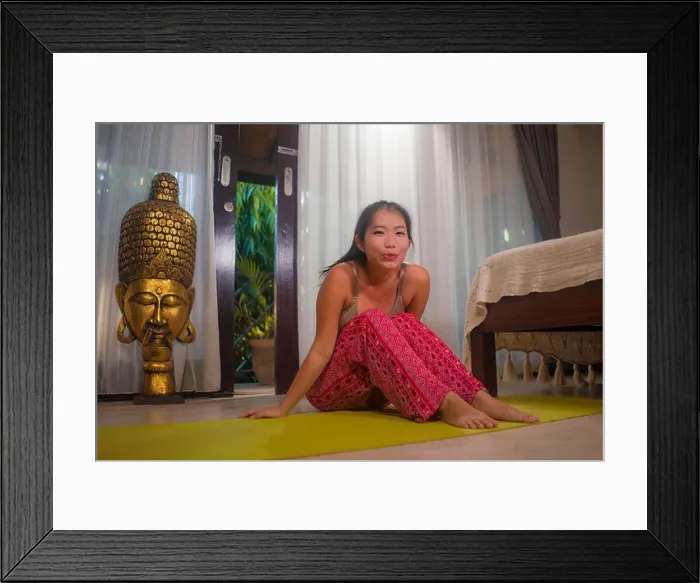 Framed Print : young happy and beautiful Asian Chinese woman at home bedroom doing meditation workout on yoga mat relaxed Framed Print : young happy and beautiful Asian Chinese woman at home bedroom doing meditation workout on yoga mat relaxed