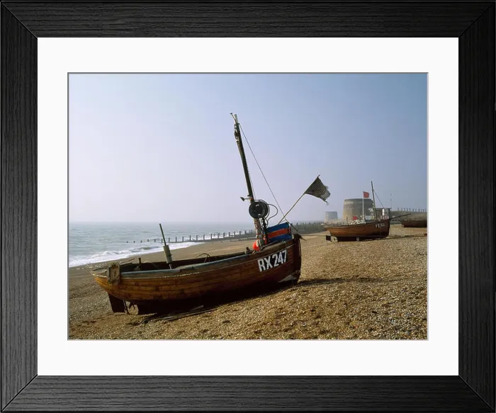 Framed Print : Traditional wooden clinker-built fishing boats and Georgian Martello towers on Fisherman's Beach Framed Print : Traditional wooden clinker-built fishing boats and Georgian Martello towers on Fisherman's Beach