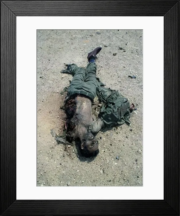 Framed Print : First Gulf War: 4th March 1991 The dismembered body of an Iraqi soldier lies in the desert Framed Print : First Gulf War: 4th March 1991 The dismembered body of an Iraqi soldier lies in the desert