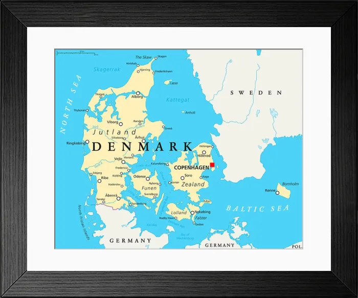 Framed Print : Denmark Political Map with capital Copenhagen Framed Print : Denmark Political Map with capital Copenhagen