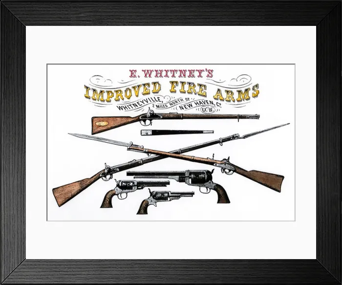 Framed Print : Advertisement for Whitney's Improved Firearms, 1800s. Hand-colored woodcut Framed Print : Advertisement for Whitney's Improved Firearms, 1800s. Hand-colored woodcut
