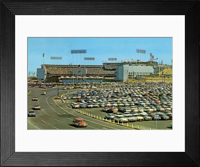 Framed Print : Exterior postcard view of Dodger Stadium with fans in attendance for a day game circa 1962 Framed Print : Exterior postcard view of Dodger Stadium with fans in attendance for a day game circa 1962