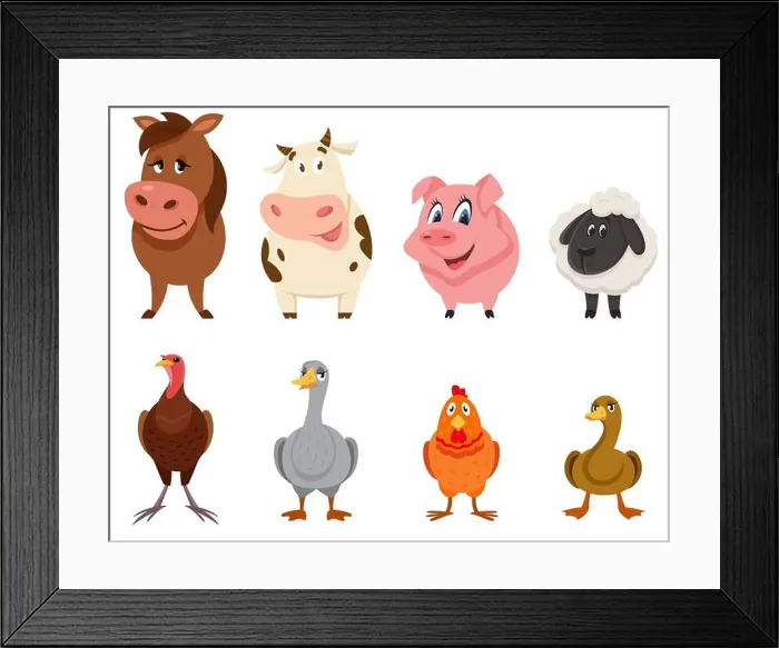 Framed Print : Set of farm animals front view. Female characters in cartoon style Framed Print : Set of farm animals front view. Female characters in cartoon style