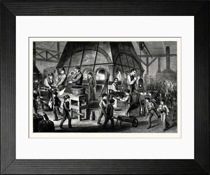 Framed Print : An old engraving of glass-blowing in a factory in New York City Framed Print : An old engraving of glass-blowing in a factory in New York City