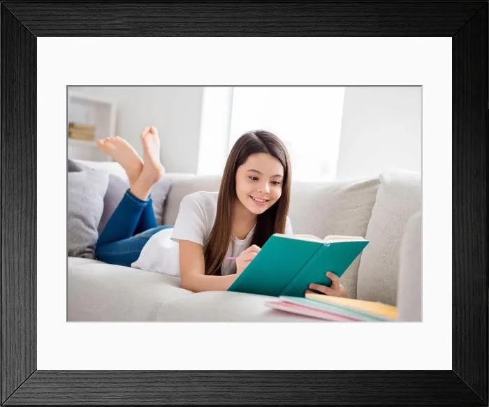 Framed Print : Photo of little pretty pupil school lady lying comfy sofa reading diary book positive good mood diligent student write Framed Print : Photo of little pretty pupil school lady lying comfy sofa reading diary book positive good mood diligent student write