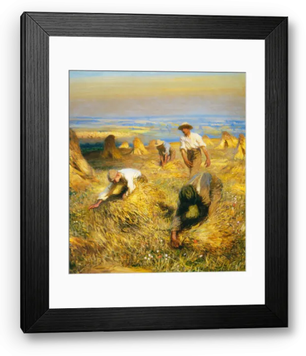 Framed Print : Tying The Sheaves 1902 painting by George Clausen of harvest time on the farm gathering up the corn Framed Print : Tying The Sheaves 1902 painting by George Clausen of harvest time on the farm gathering up the corn