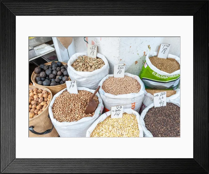 Framed Print : Israel, Tel Aviv-Yafo - 29 March 2019: Fava and other beans sold in shuk Levinsky market Framed Print : Israel, Tel Aviv-Yafo - 29 March 2019: Fava and other beans sold in shuk Levinsky market
