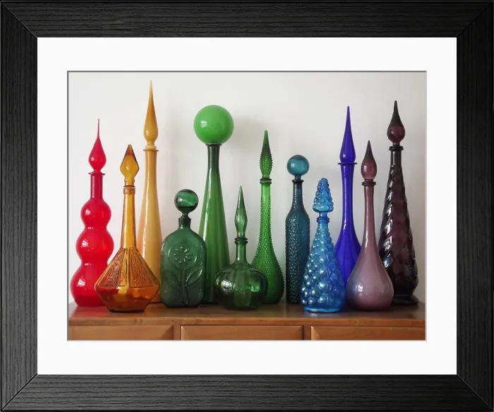 Framed Print : Collection of vintage Italian glass genie bottles Framed Print : Collection of vintage Italian glass genie bottles
