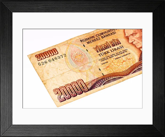 Framed Print : 20000 Turkish liras bank note. Turkish lira is the national currency of Turkey