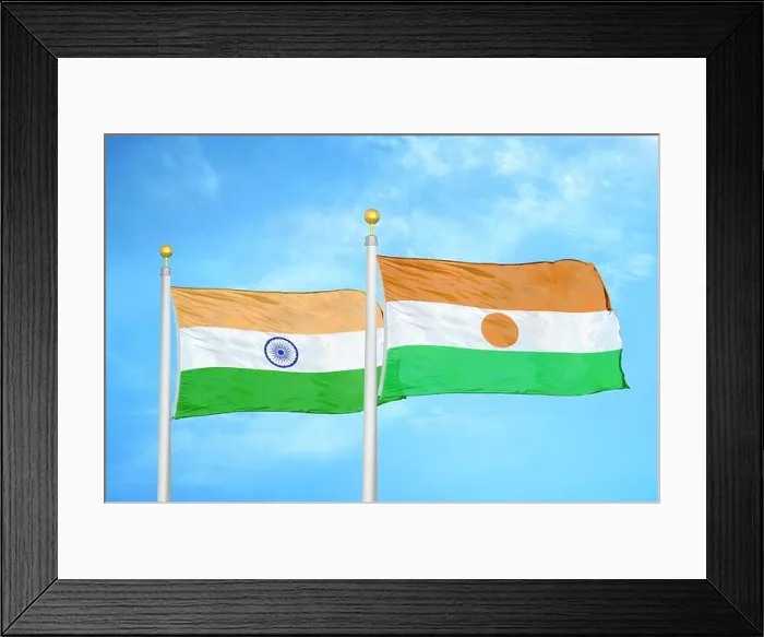 Framed Print : India and Niger two flags on flagpoles and blue cloudy sky Framed Print : India and Niger two flags on flagpoles and blue cloudy sky
