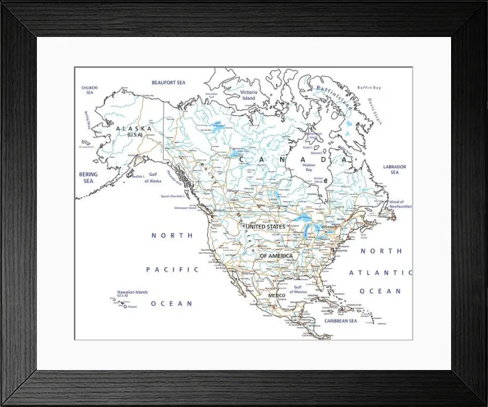 Framed Print : High detailed North America road map with labeling