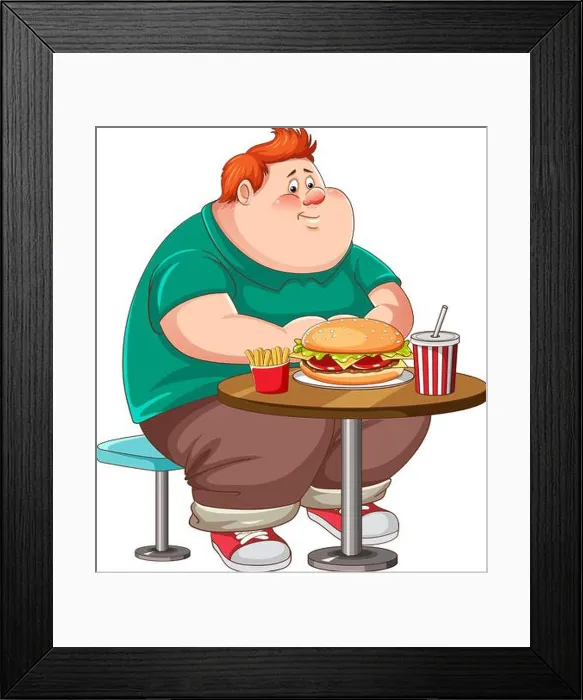 Framed Print : Overweight man eating fast food on the table isolated illustration Framed Print : Overweight man eating fast food on the table isolated illustration