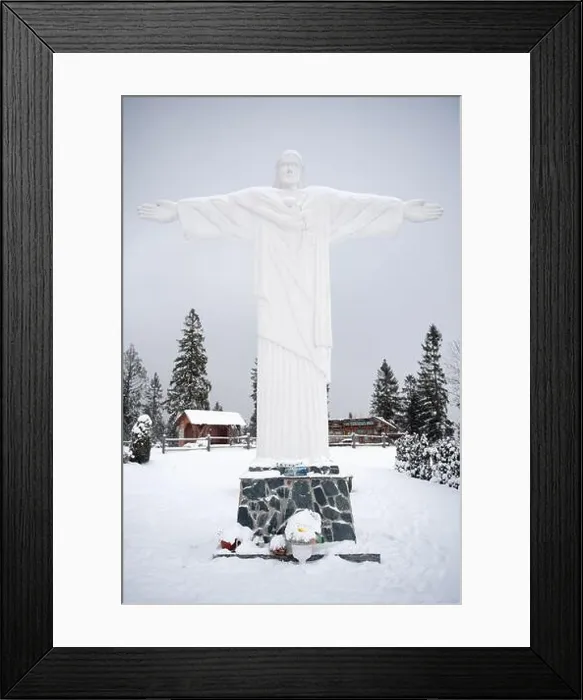 Framed Print : KLIN, SLOVAKIA - DEC 28, 2019: Monumental statue of Jesus Christ called Rio de Klin on hill Grapa in Klin Framed Print : KLIN, SLOVAKIA - DEC 28, 2019: Monumental statue of Jesus Christ called Rio de Klin on hill Grapa in Klin