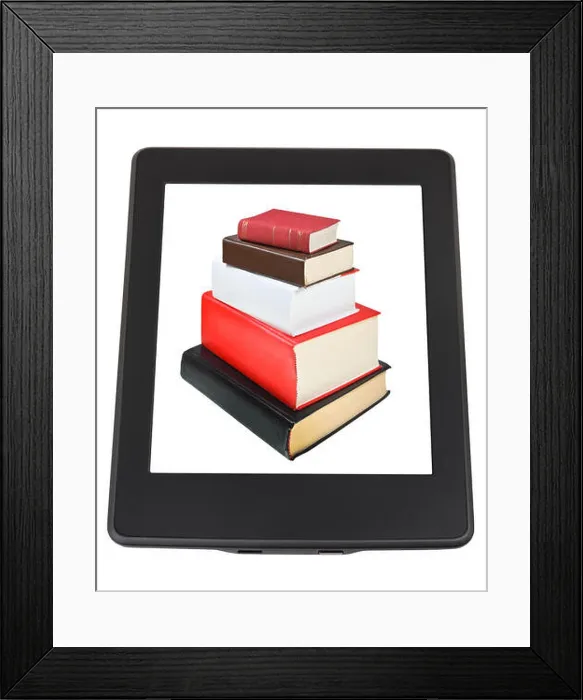 Framed Print : stack of books on screen of e-book reader isolated on white background Framed Print : stack of books on screen of e-book reader isolated on white background