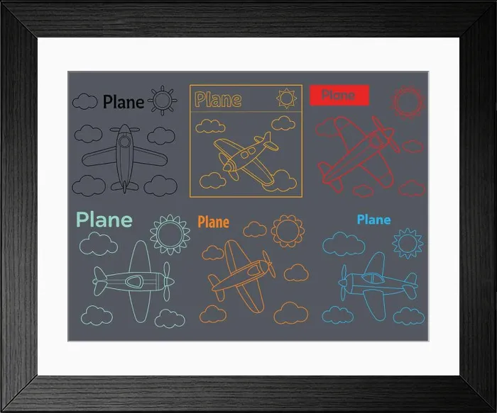 Framed Print : Simple outline vector illustrations of airplanes for kids or travel themes Framed Print : Simple outline vector illustrations of airplanes for kids or travel themes