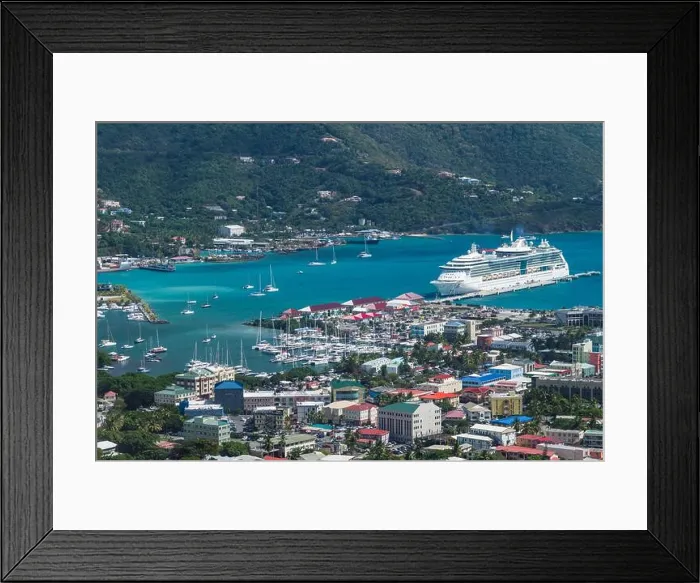 Framed Print : British Virgin Islands, Tortola, Road Town, elevated town view with cruiseship from Joe's Hill Framed Print : British Virgin Islands, Tortola, Road Town, elevated town view with cruiseship from Joe's Hill