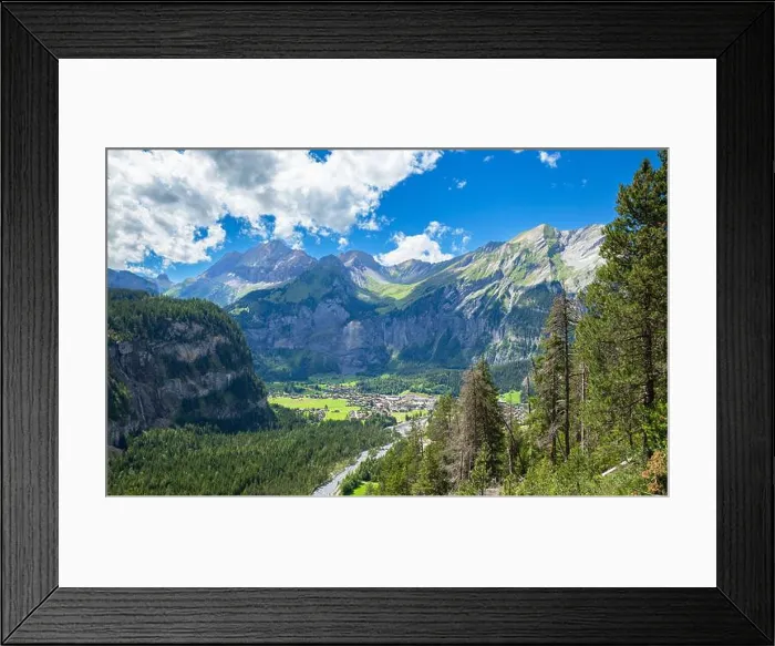 Framed Print : Alpine mountain and village view in Kandersteg, Switzerland, sunny landscape Framed Print : Alpine mountain and village view in Kandersteg, Switzerland, sunny landscape