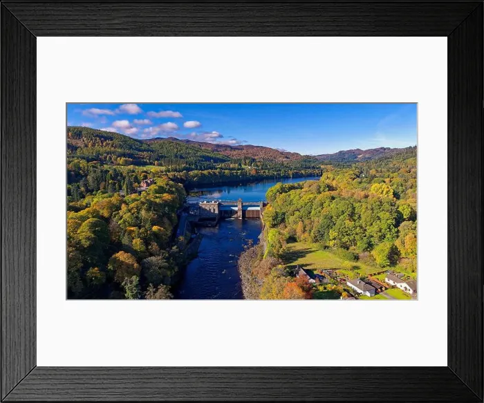 Framed Print : Pitlochry Perth and Kinross Scotland River Tummel the Dam Fonab Castle Hotel and trees in autumn Framed Print : Pitlochry Perth and Kinross Scotland River Tummel the Dam Fonab Castle Hotel and trees in autumn